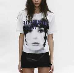 ERD Distorted Portrait Print T‑Shirt Raw Hem Cropped Streetwear Top