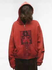 ERD Red Washed Zip‑Up Hoodie Portrait‑Text Collage Graphic
