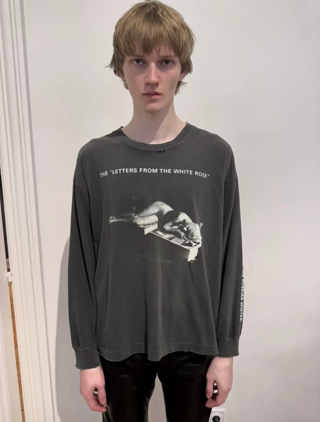 ERD Letters From The White Rose Raw‑Hem Long Sleeve Tee
