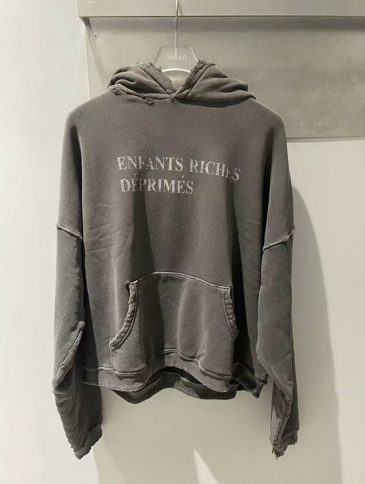 ERD Faded Logo Distressed Raw‑Edge Cropped Pullover Hoodie