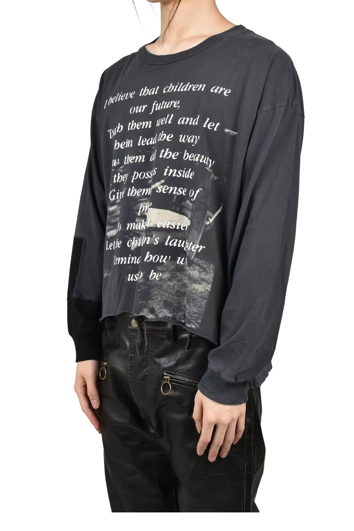 ERD Lyric Patchwork Cropped Distressed Long Sleeve Tee