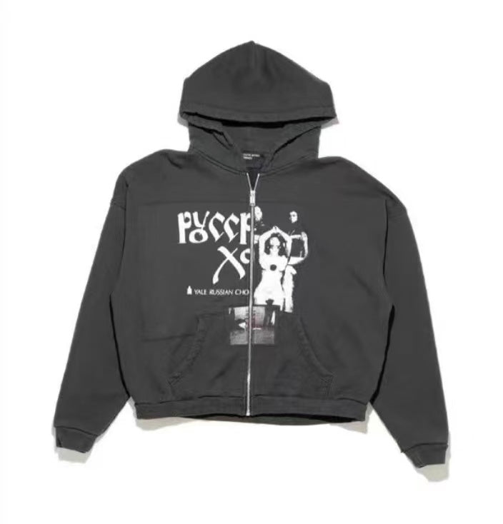 ERD Gothic Photo‑Print Cropped Full‑Zip Hoodie