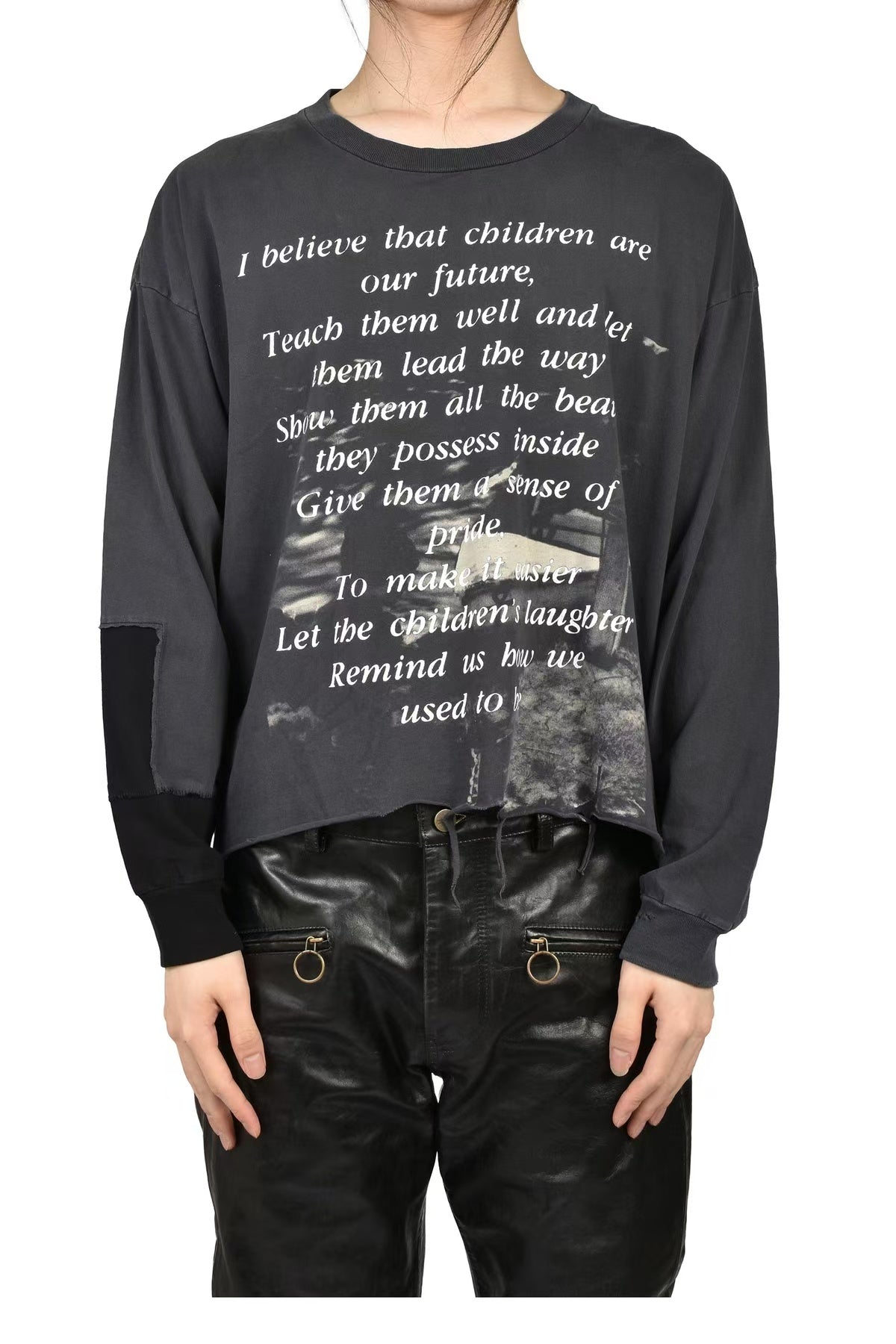 ERD Lyric Patchwork Cropped Distressed Long Sleeve Tee