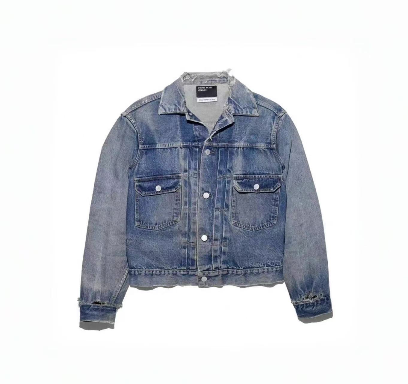 ERD Distressed Cropped Raw‑Edge Denim Trucker Jacket