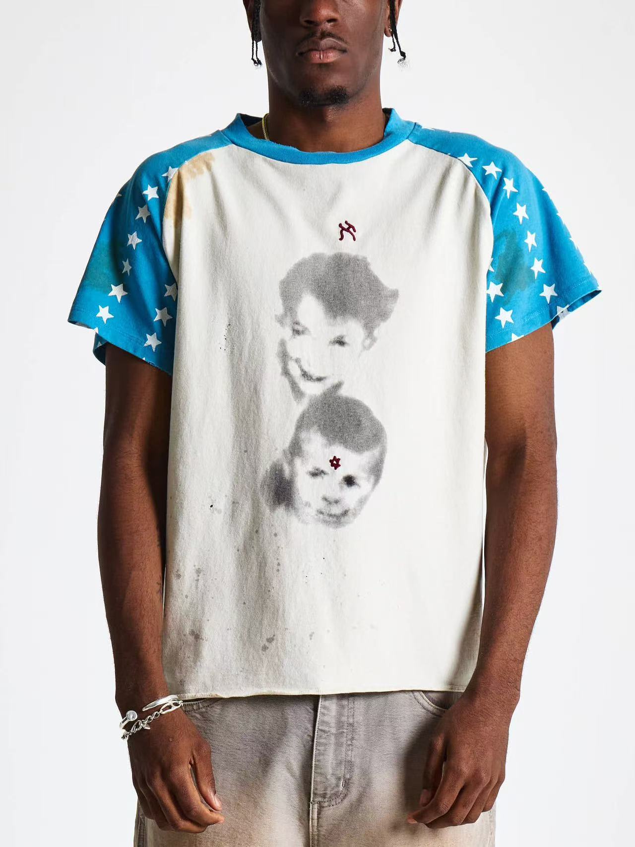 ERD Star Raglan Distressed Cropped Tee