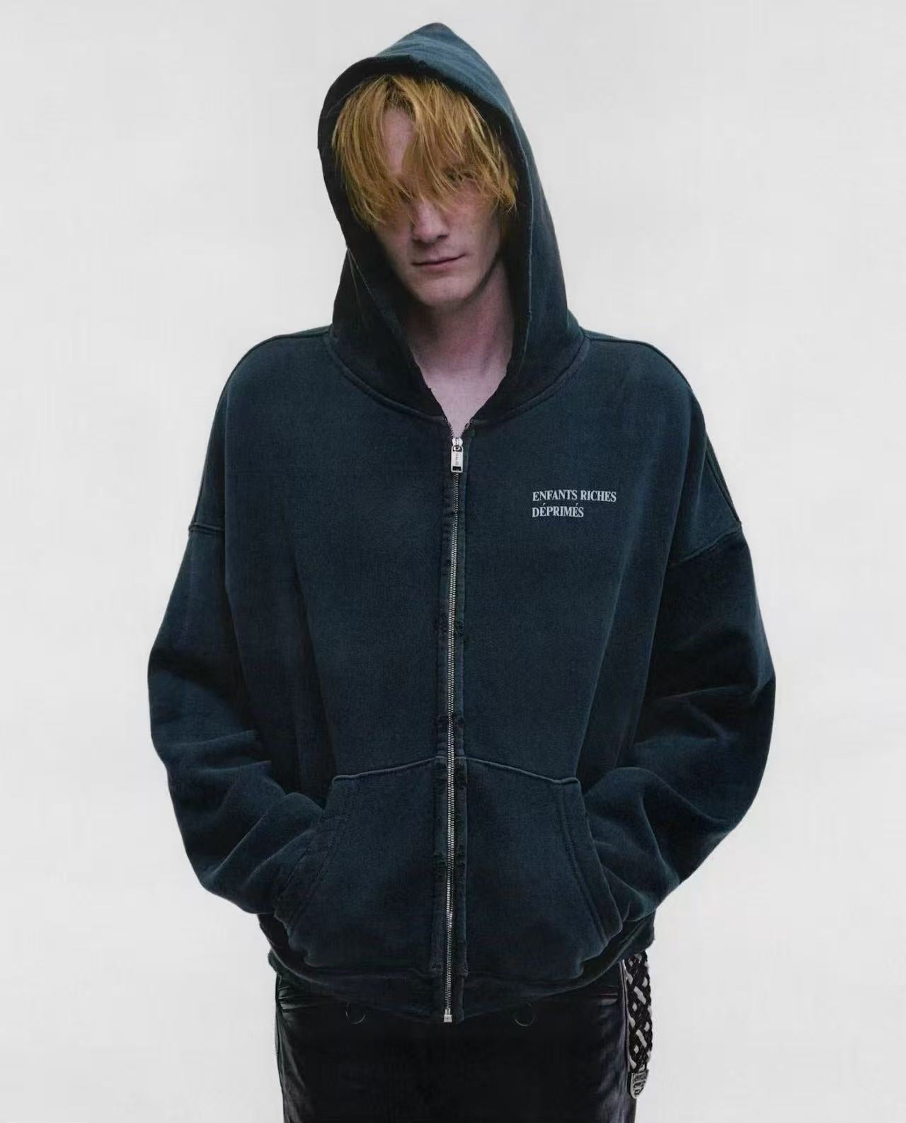 ERD Vintage Wash Minimal Streetwear Zip Hoodie